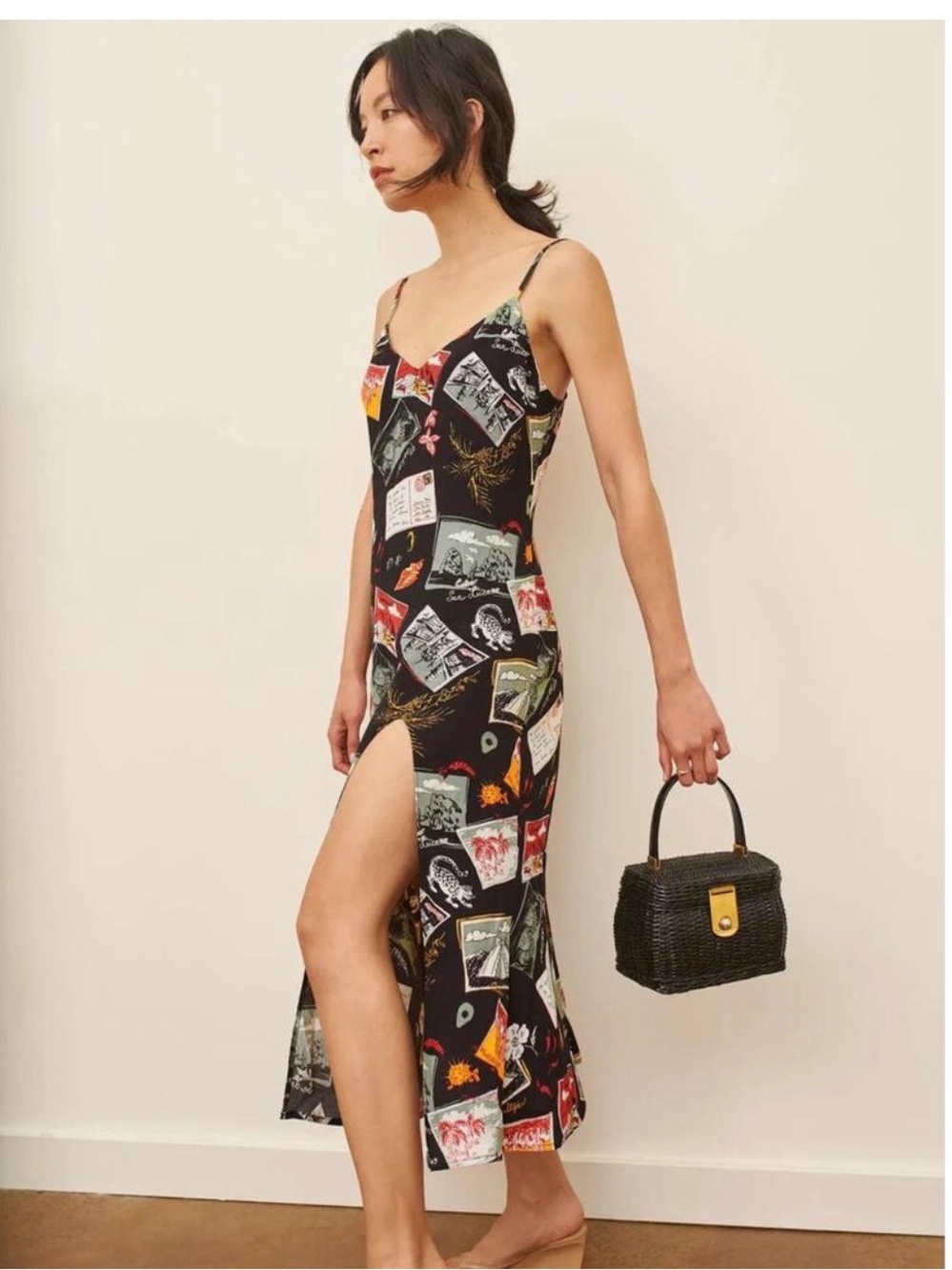 Reformation Black Printed Midi Slip Dress with Multi-Color Patch Print